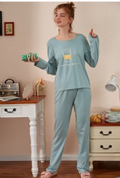 Long Sleeve Round Collar Style Bamboo Pajama Set for Women